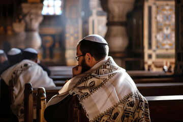Jewish men praying with tallit in a religious orthodox synagogue AI Generation - obrazy, fototapety, plakaty