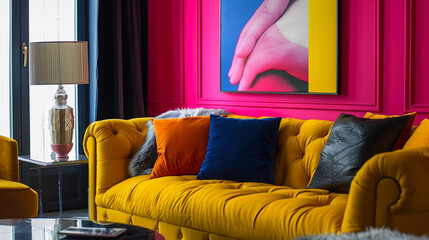 A vibrant fuchsia poster frame adds a bold pop of color to a chic Parisian-inspired interior.