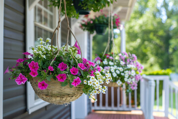 Hanging Baskets Filled With Flowers on a Porch - obrazy, fototapety, plakaty