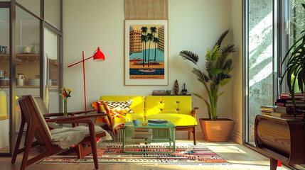 A vibrant mustard yellow poster frame adds a retro vibe to a funky 70s-inspired interior space.