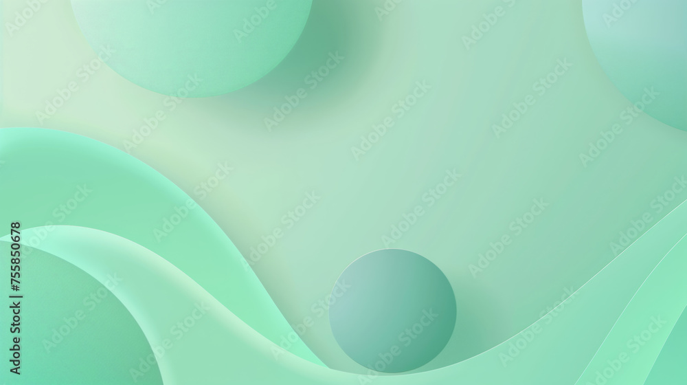 Poster fluid abstract design with soft curves and spheres in shades of green, creating a serene and modern 