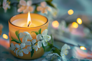 Yellow Candle Adorned With White Flowers