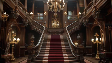 Fotobehang A Victorian-era staircase featuring ornate wood carvings, plush velvet carpeting, and a grand chandelier © Sky arts