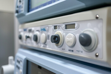 Close up of an electric blue medical device with buttons and a monitor