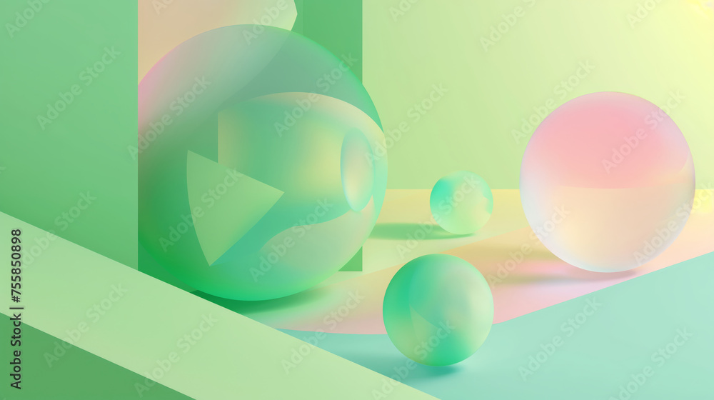 Poster dynamic abstract composition with geometric shapes and spheres in a pastel color gradient, creating 