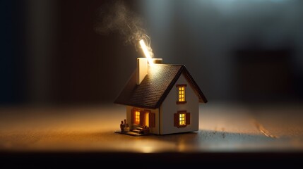 A small house is illuminated by a candle in the shape of a house, casting a warm glow in a cozy setting - obrazy, fototapety, plakaty