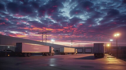 semi-trailer trucks parked at sunset, accentuating the glow of the evening sky and the importance of cargo freight in transportation