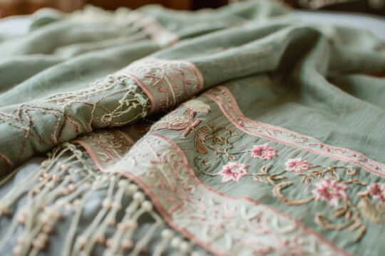 Close Up of Sage Green and Blush Pink Embroidered Blanket on Bed