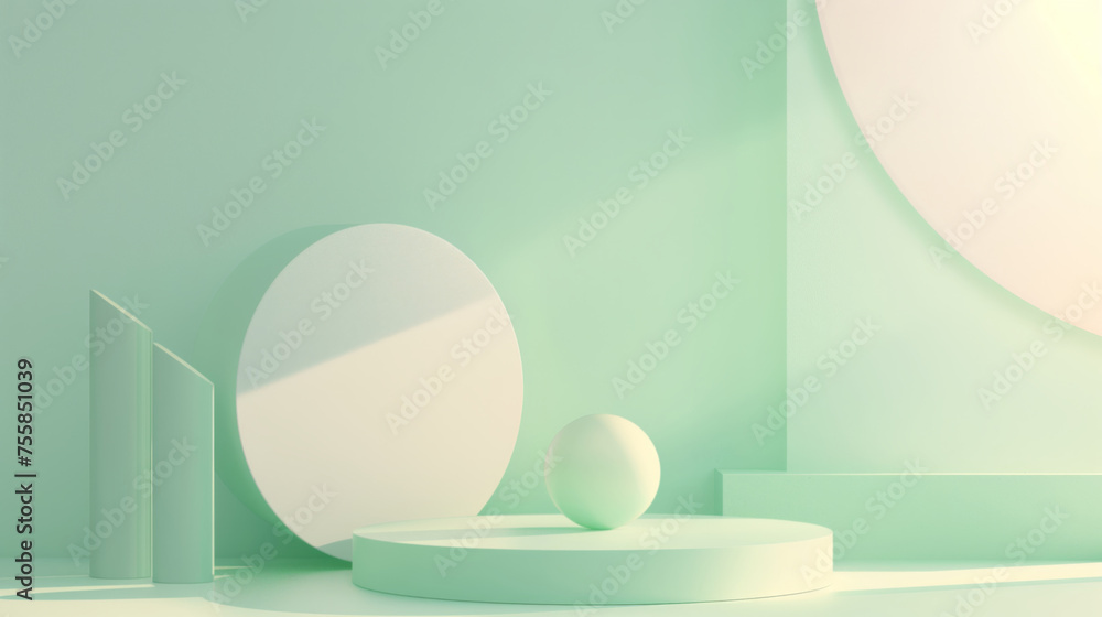 Poster minimalist composition with geometric shapes, featuring a sphere and rectangles in a calming pastel 
