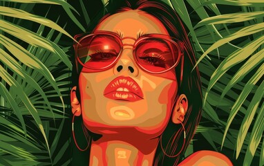 A Beautiful Women in a Sunglass with Tropical Plants