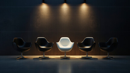 Fila de sillas de color negro con una silla blanca en el centro y mejor iluminada
