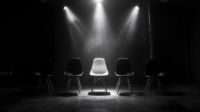 Fila de sillas de color negro con una silla blanca en el centro y mejor iluminada
