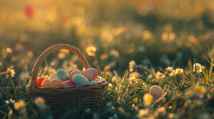 A basket of painted eggs. A basket of colorful eggs on the grass. Easter postcard. Passover concept.