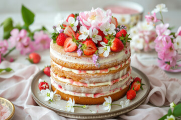 Obraz na płótnie Canvas Cake With Strawberries and Flowers on a Plate