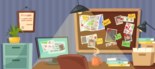 Private detective workplace. Office scene with investigation board, desk cluttered with evidence files cartoon vector illustration