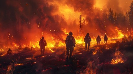 Obraz na płótnie Canvas Firefighters Battling Intense Forest Fire in Hyper-Detailed Realistic Rendering