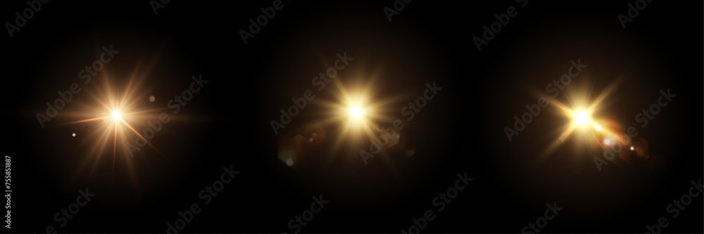 Poster flickering golden star on a transparent background. the effect of bright sunlight. bright light effe