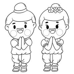 A kid in native costume Playing with water on Songkran day