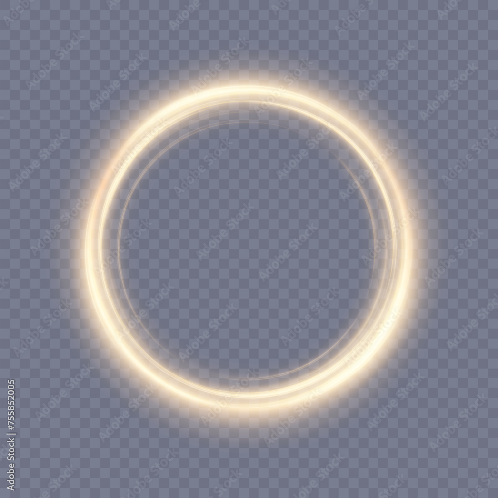 Poster abstract neon ring in a yellow-gold frame of light. a bright trail of luminous rays swirling in a ra