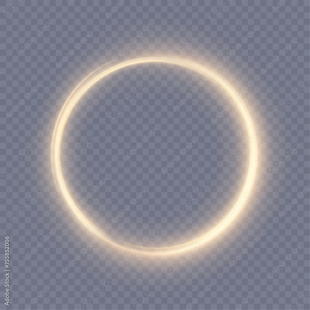 Poster abstract neon ring in a yellow-gold frame of light. a bright trail of luminous rays swirling in a ra