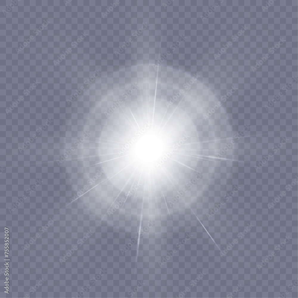 Poster white glowing light explodes on a transparent background. bright star. transparent shining sun, brig