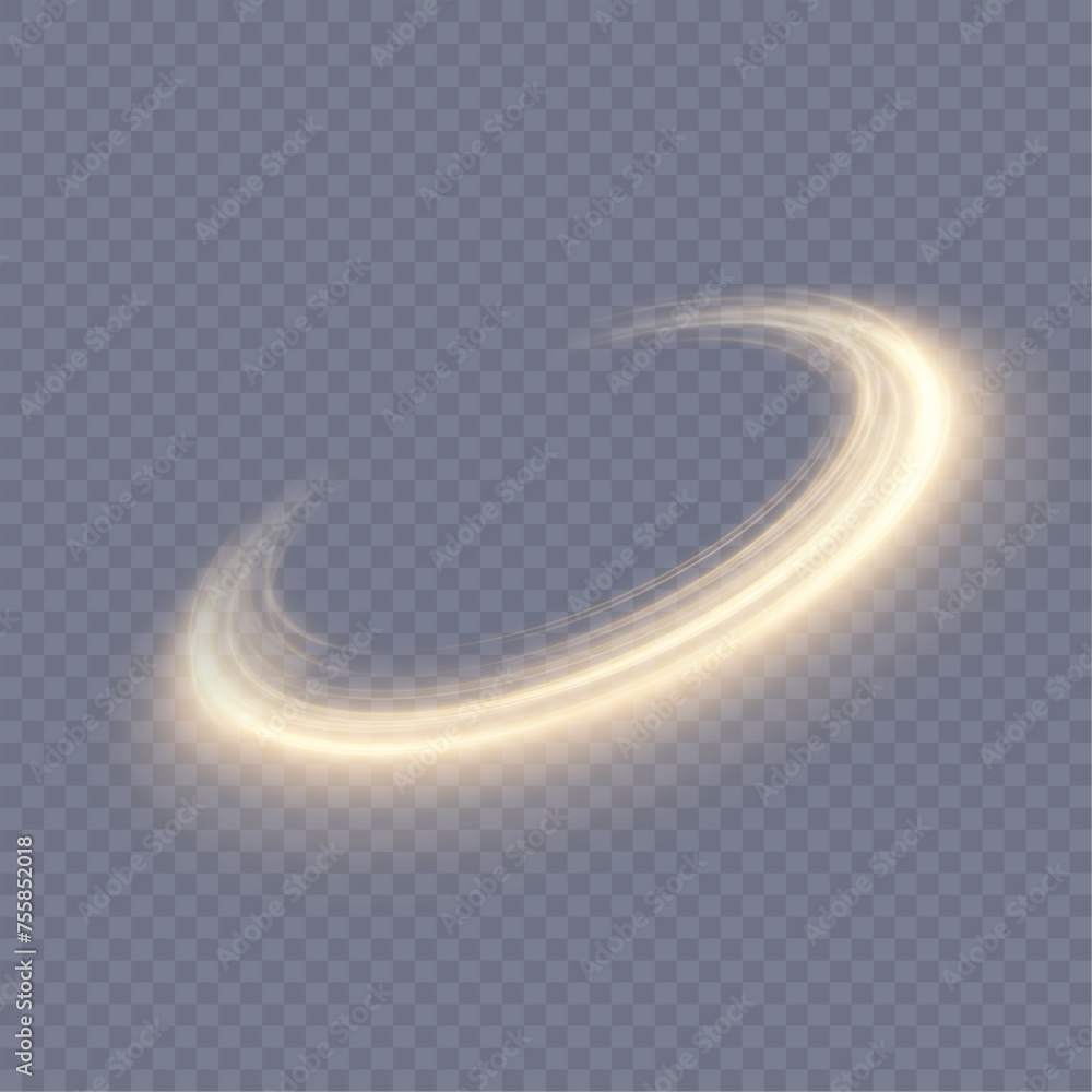 Poster abstract neon ring in a yellow-gold frame of light. a bright trail of luminous rays swirling in a ra
