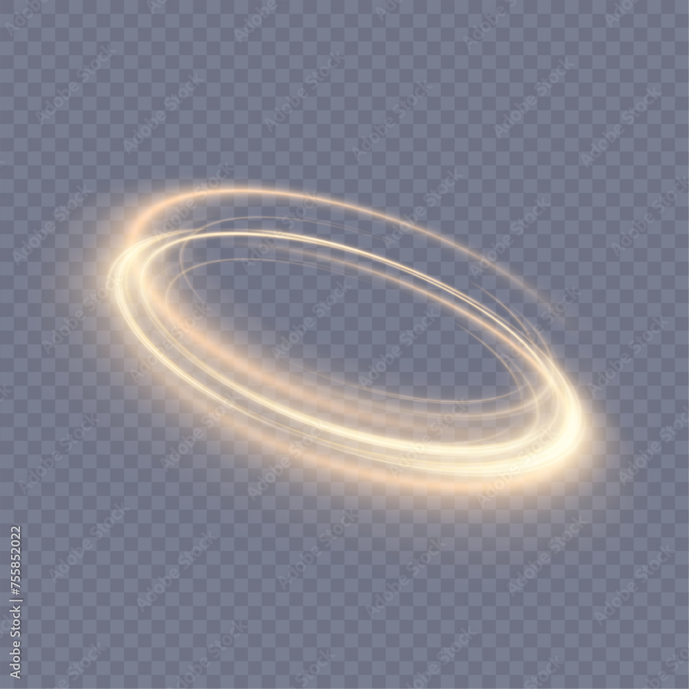 Poster abstract neon ring in a yellow-gold frame of light. a bright trail of luminous rays swirling in a ra