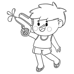 A kid in native costume Playing with water on Songkran day 
