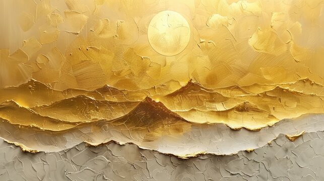 Oil painting of golden sun on canvas. Beautiful abstract textured poster. Macro impasto painting.	
