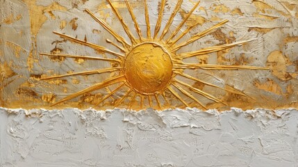Oil painting of golden sun on canvas. Beautiful abstract textured poster. Macro impasto painting.	
