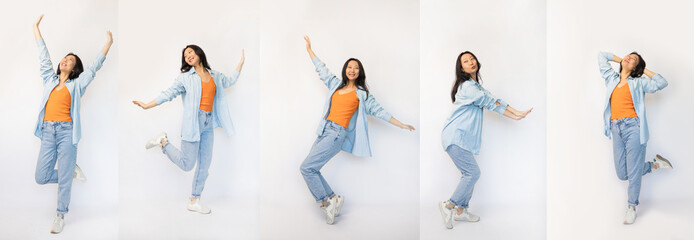 Collection full length joyful  asian woman lifestyle in casual outfit on isolated white background....