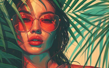 A Beautiful Women in a Sunglass with Tropical Plants