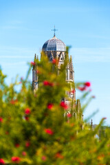 View of Cathedral Saint-Pierre through beautiful blurry blossoming tree in Saintes, Charente-Maritime, France. Spring. European architecture, environment, heritage concept. Europe travel background.