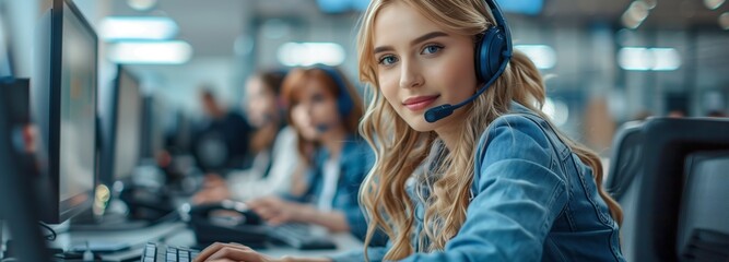 A woman with electric blue headphones smiles while working at a call center