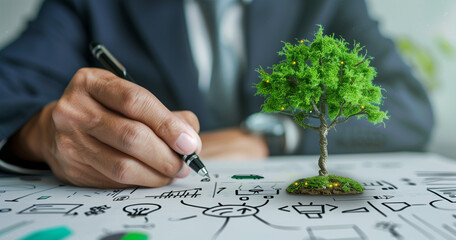 Close up hand of a businessman writing on a whiteboard with a green tree and icon graphic design