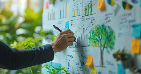 The hand of a businessman writing on a whiteboard with a tree drawing and a green energy concept