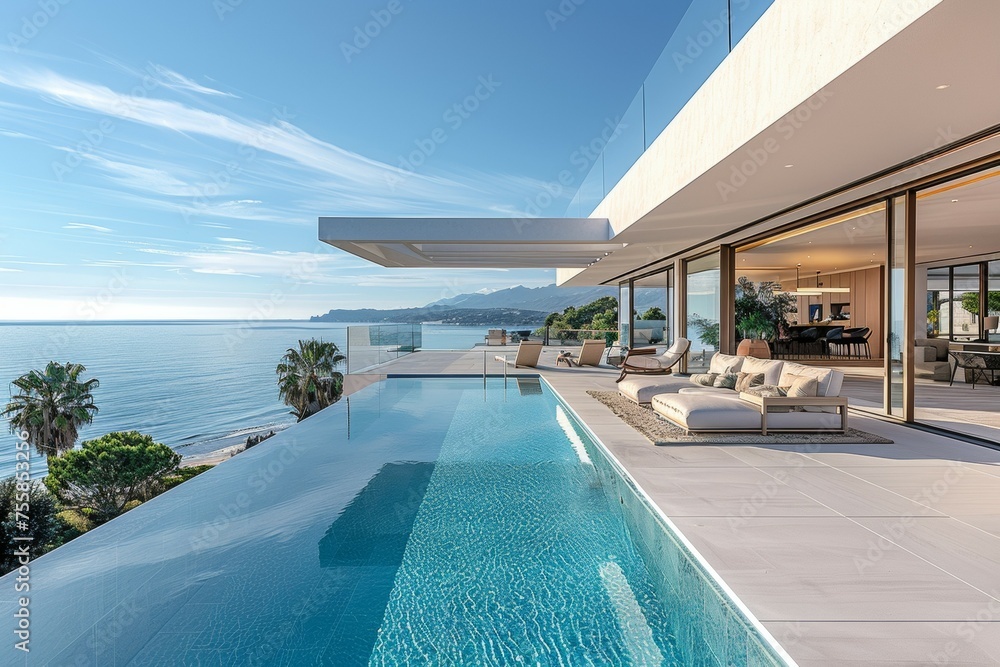 Poster a large pool with a view of the ocean