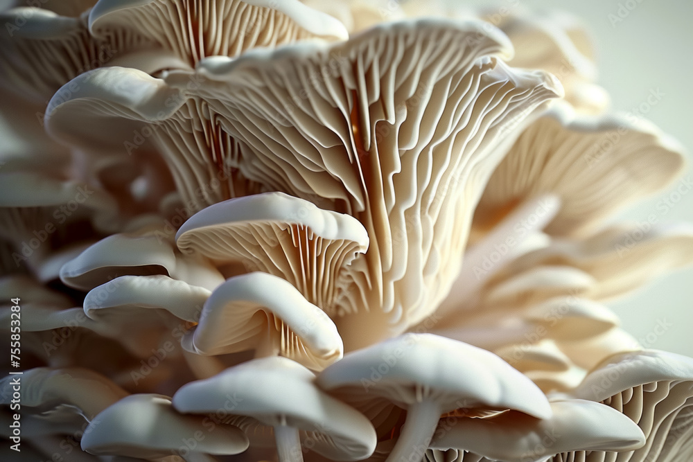 Poster mycelium with mushrooms, bottom view. background with selective focus and copy space
