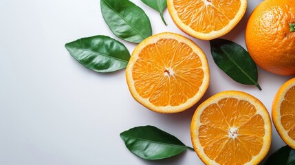 Fresh oranges with green leaves isolated on white background. Citrus fruit high in vitamin C for healthy diet. Whole and sliced oranges arrangement with fresh leaves.