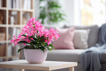 Vibrant Pink Orchids in a Cozy Living Room. Bright pink orchids in a textured pot create a striking centerpiece on a table, enhancing the cozy and stylish ambiance of a modern living room.