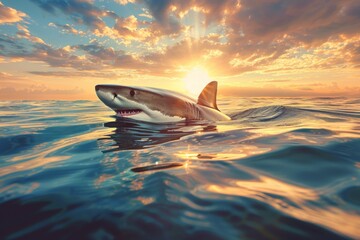 A shark is swimming in the ocean with the sun shining on it