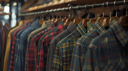 Mens plaid shirts on hangers in a retail store. generative ai - obrazy, fototapety, plakaty