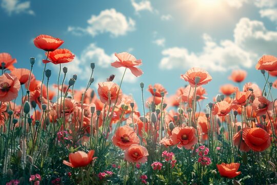 A field of red flowers with a blue sky in the background
