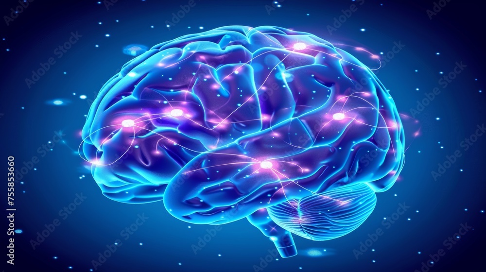 Poster detailed close up of human brain showing neurons firing and neural extensions in action