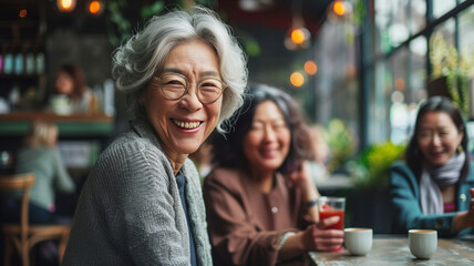 Happy senior asian woman sitting in restaurants, asian senior lifestyle - obrazy, fototapety, plakaty