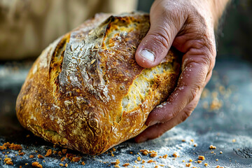 A detailed close-up shot of a hand grasping a rustic, freshly baked loaf of bread, with golden crust visible and crumbs scattered around.