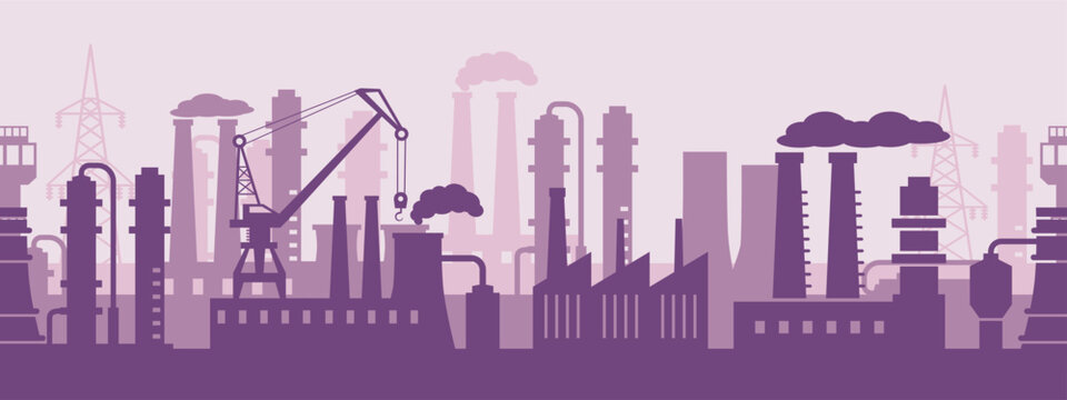 Industrial factory exterior. Manufacturing infrastructure skyline silhouette, production facilities and panoramic industrial area seamless vector landscape background illustration