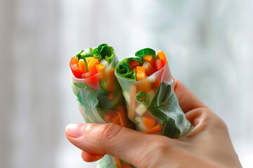 A detailed view of a hand holding a freshly made, vibrant vegetable spring roll, with the transparent wrap allowing the colors of the vegetables inside to shine through, set