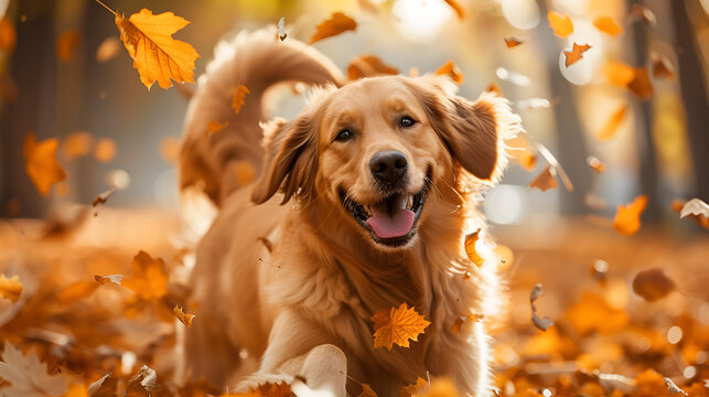 Happy golden retriever dog on Autumn nature background, generative ai