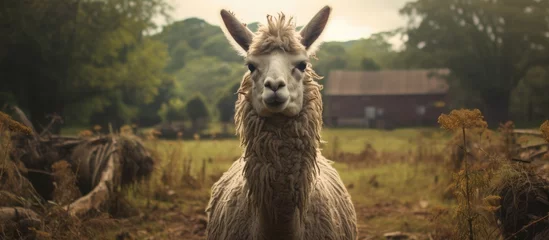 Rugzak A happy fawn alpaca, a terrestrial animal, is standing in a grassy field, looking at the camera with its snout. The natural landscape surrounding it is filled with plants © AkuAku